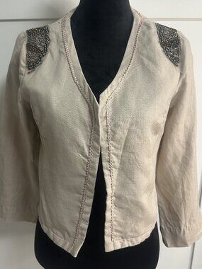 Harlow & Graham Beige Linen Women Jacket Beaded Open Front Medium Party
